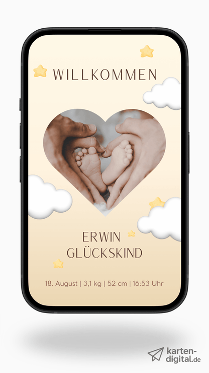 Digitale Geburtskarte – Herz & Wolken - karten - digital