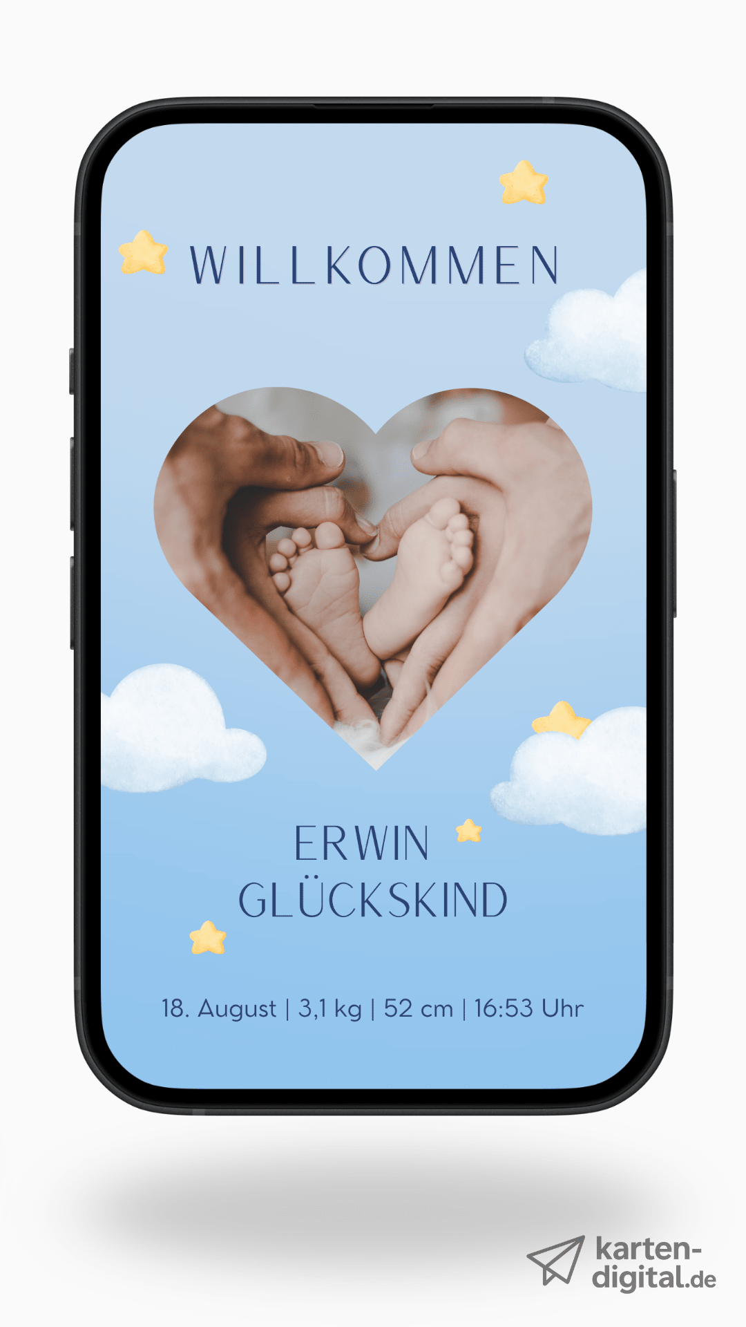 Digitale Geburtskarte – Herz & Wolken - karten - digital