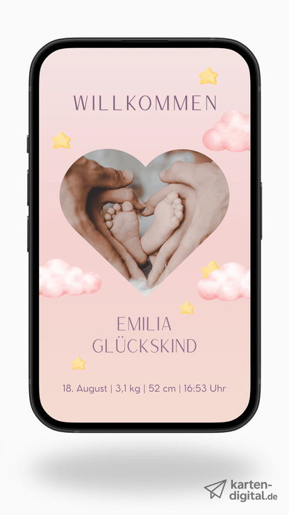 Digitale Geburtskarte – Herz & Wolken - karten - digital