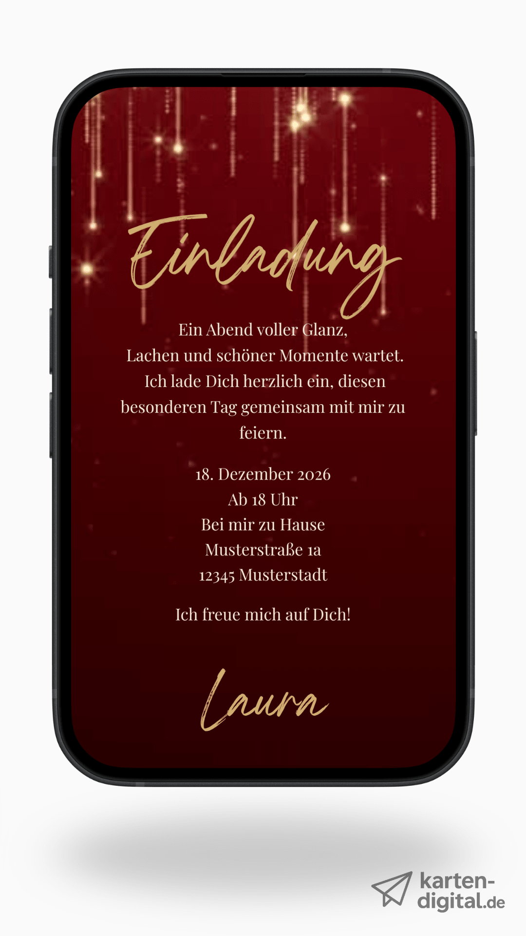 Digitale Geburtstags - Videoeinladung – Goldene Lichtstreifen & edles Rot - karten - digital