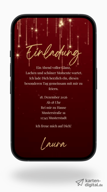 Digitale Geburtstags - Videoeinladung – Goldene Lichtstreifen & edles Rot - karten - digital