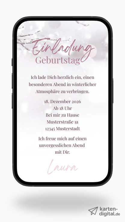 Digitale Geburtstags - Videoeinladung – Sanfter Schneefall & Winterzweig - karten - digital