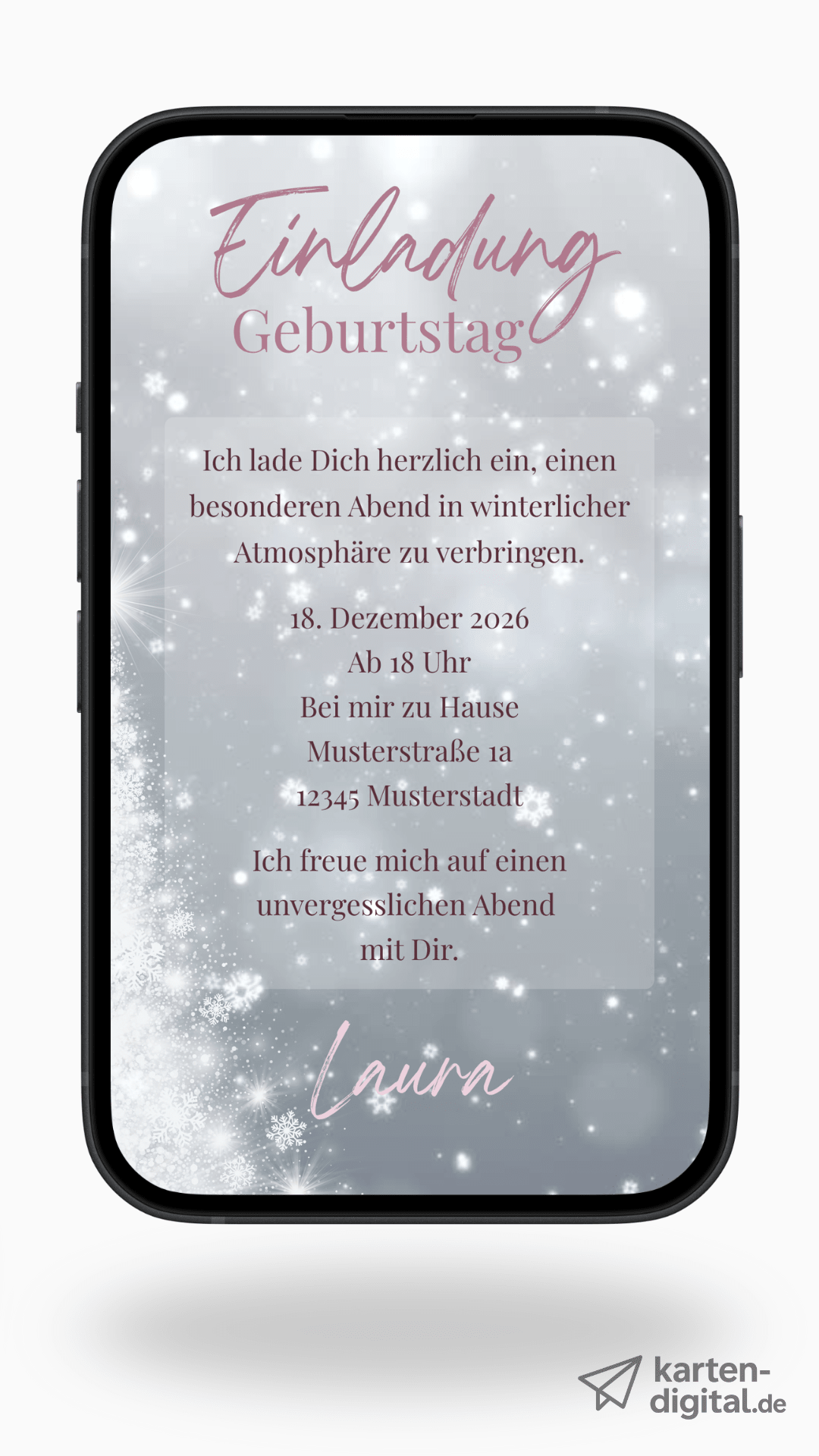 Digitale Geburtstags - Videoeinladung – Winterliche Eleganz & sanfter Schneefall - karten - digital