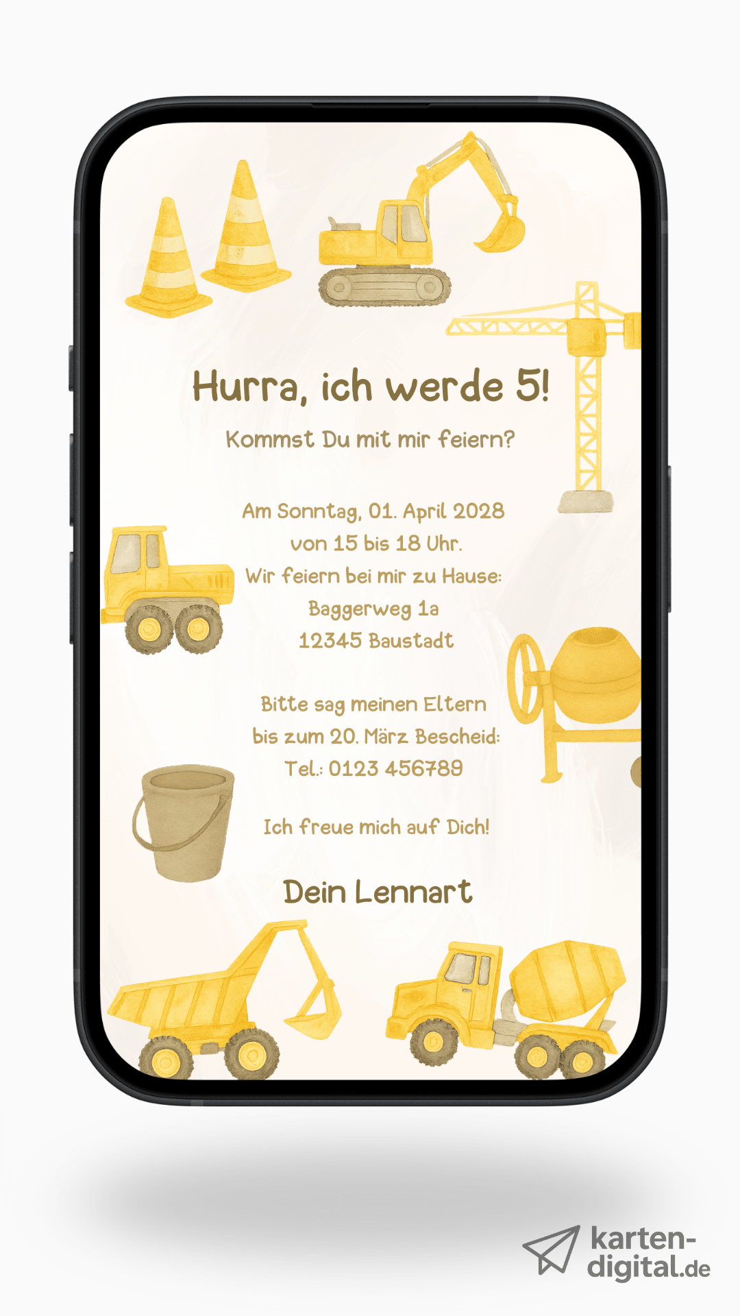 Digitale Geburtstagseinladung – Baustelle & Baufahrzeuge - karten - digital