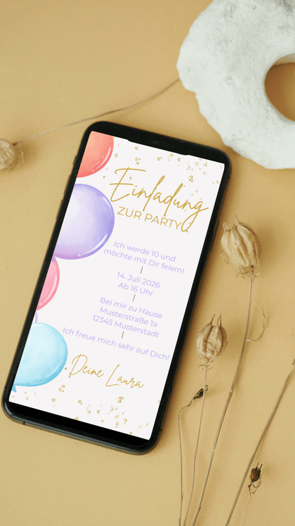 Digitale Geburtstagseinladung für Kinder – Ballon - Design zum Verschicken per WhatsApp - karten - digital