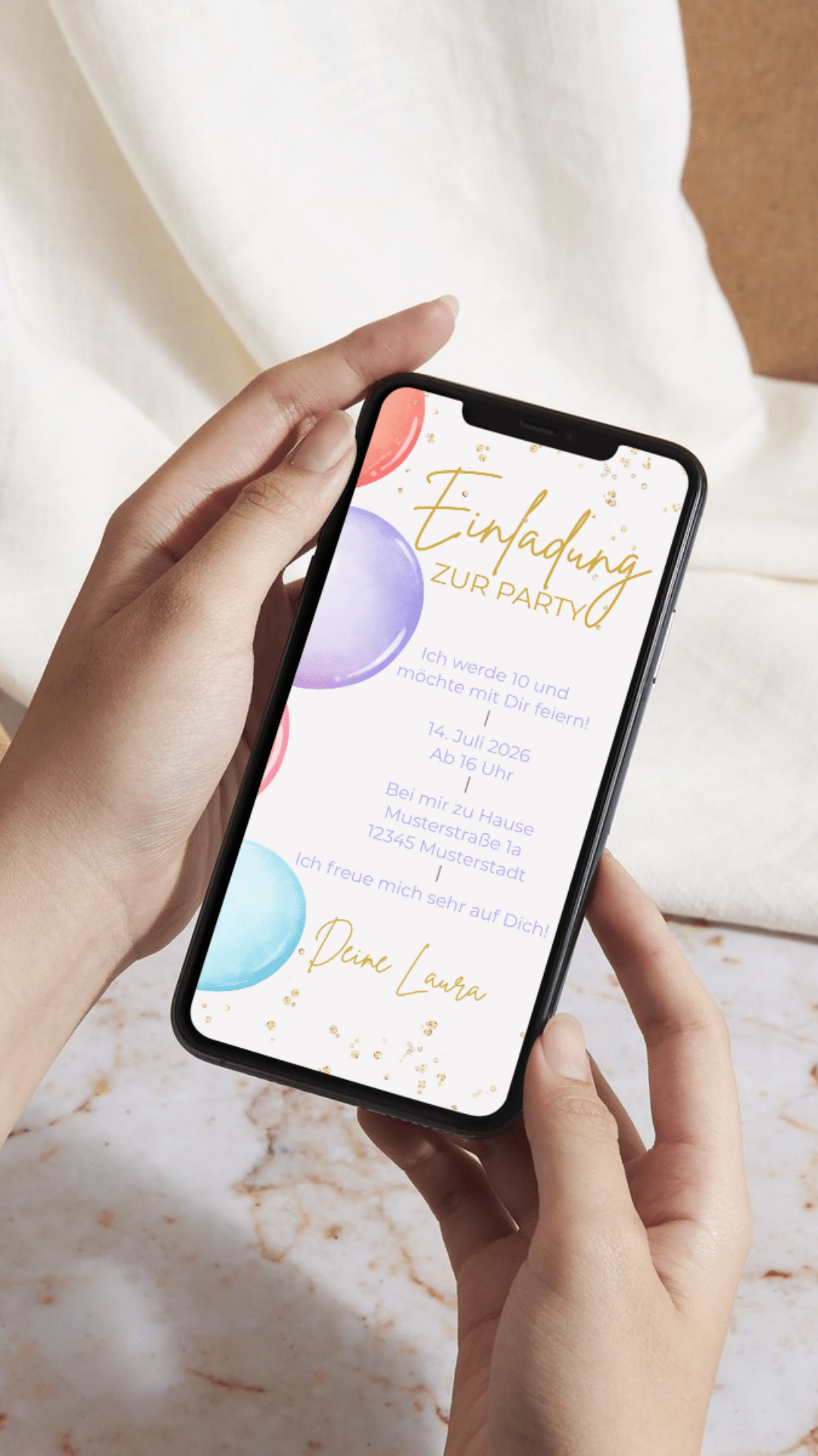 Digitale Geburtstagseinladung für Kinder – Ballon - Design zum Verschicken per WhatsApp - karten - digital