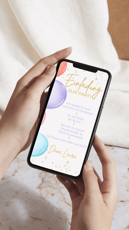 Digitale Geburtstagseinladung für Kinder – Ballon - Design zum Verschicken per WhatsApp - karten - digital