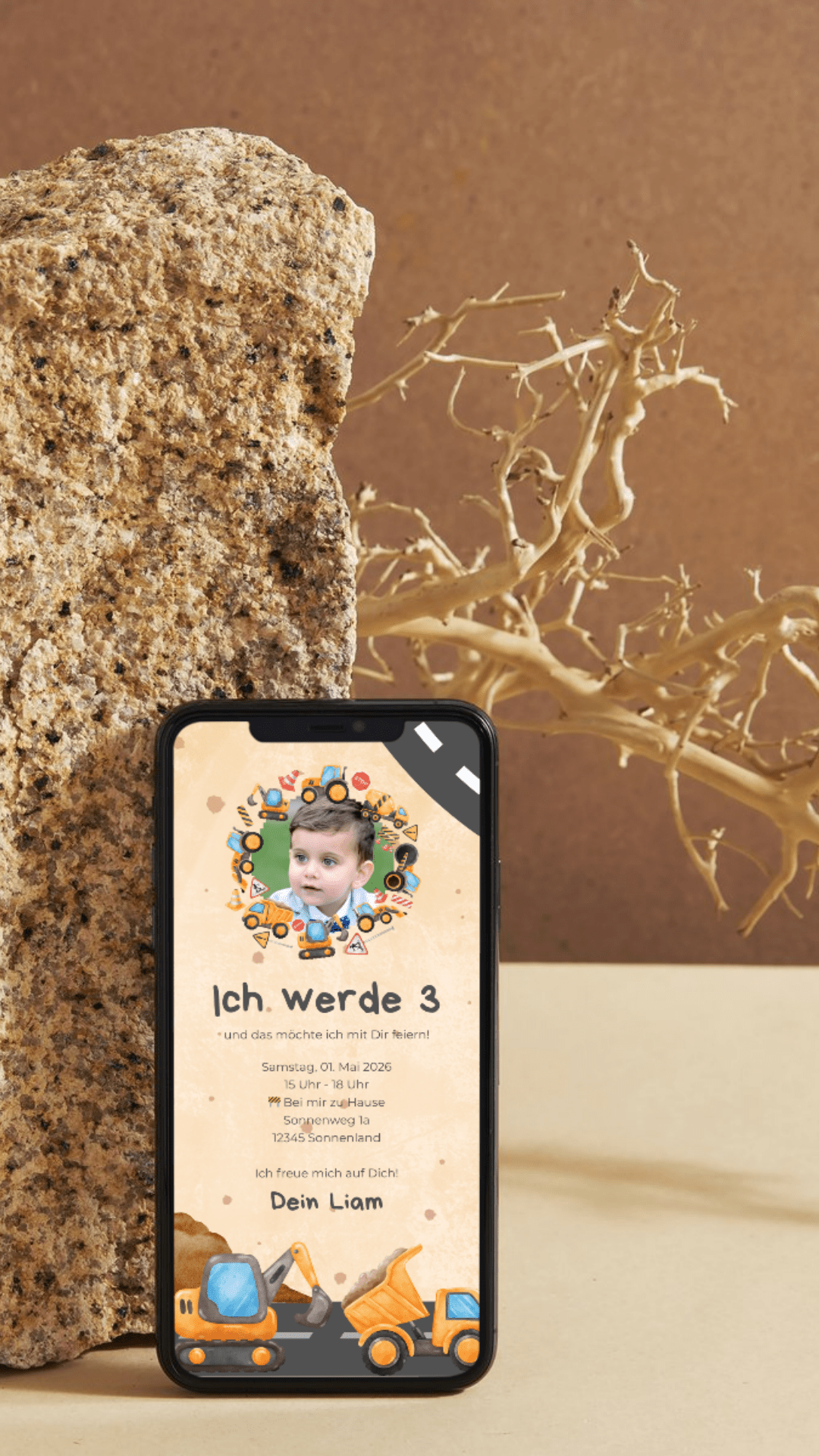 Digitale Geburtstagseinladung für Kinder – Baustellen - Design mit Bagger & Kipplaster - karten - digital