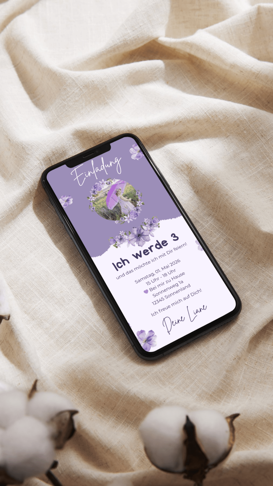 Digitale Geburtstagseinladung für Kinder – Blumen - Design in Lila zum Sofortversenden - karten - digital