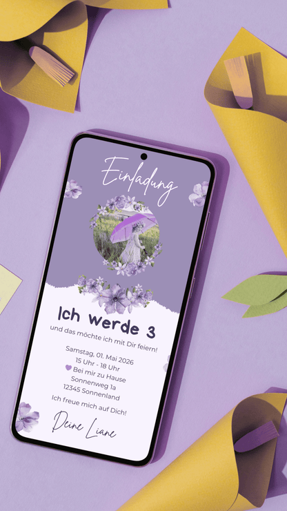 Digitale Geburtstagseinladung für Kinder – Blumen - Design in Lila zum Sofortversenden - karten - digital