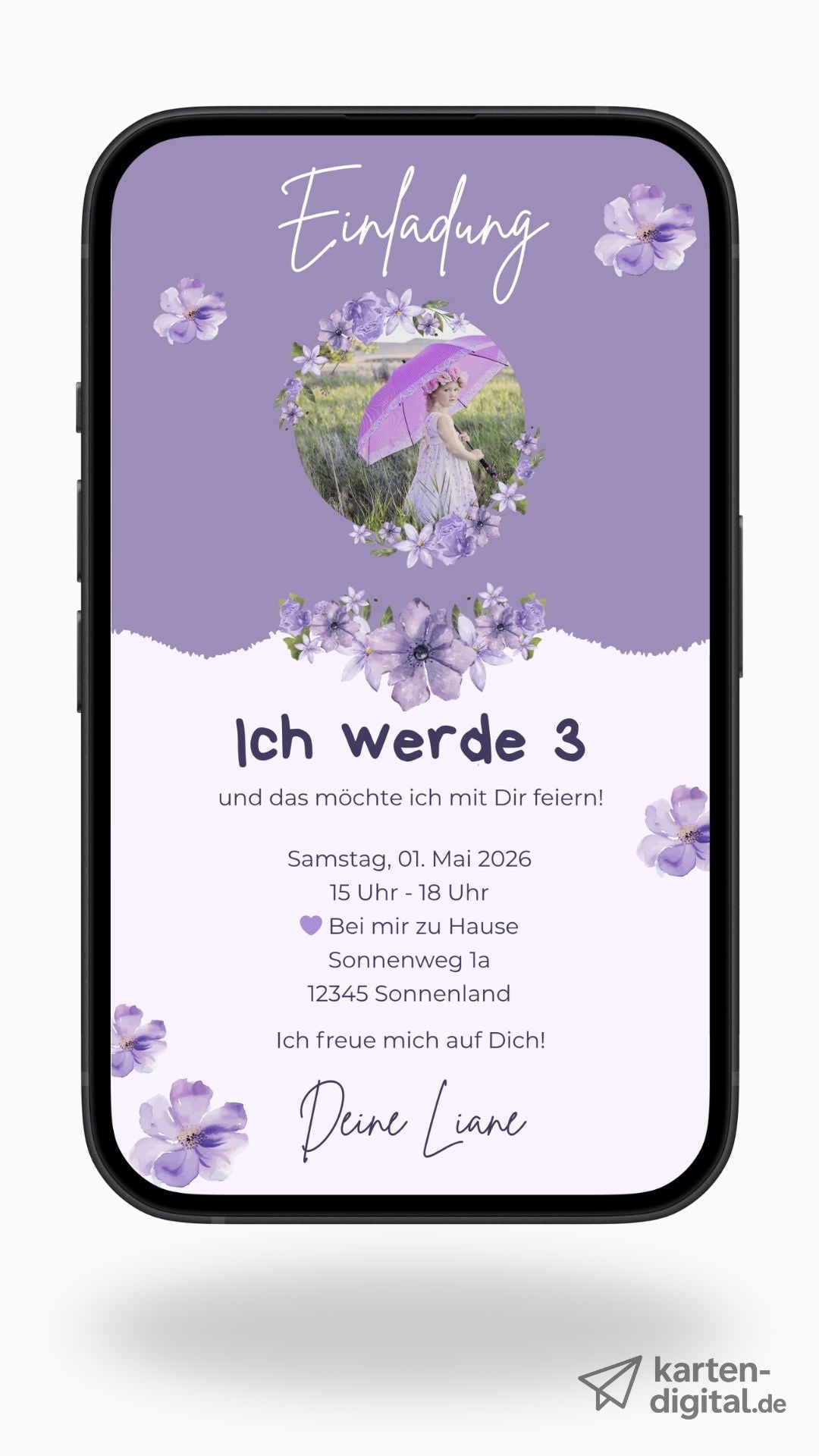 Digitale Geburtstagseinladung für Kinder – Blumen - Design in Lila zum Sofortversenden - karten - digital