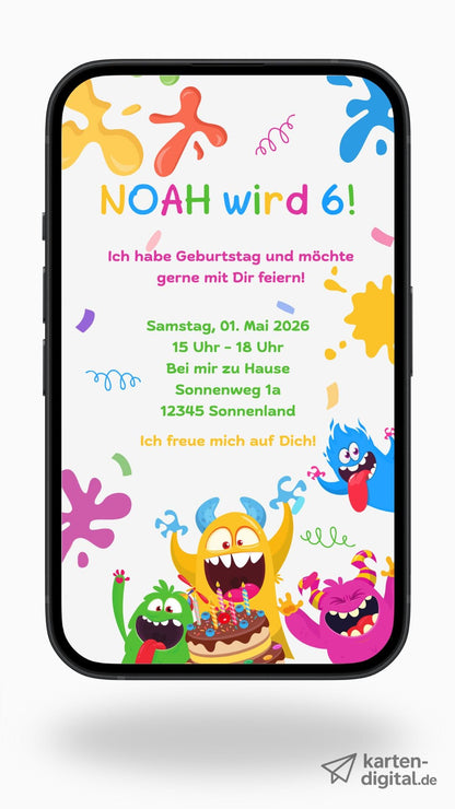 Digitale Geburtstagseinladung für Kinder – Buntes Monster - Design mit Spaßgarantie - karten - digital