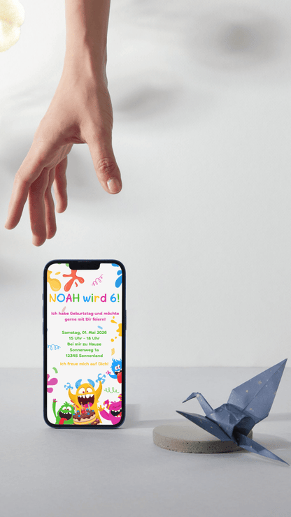 Digitale Geburtstagseinladung für Kinder – Buntes Monster - Design mit Spaßgarantie - karten - digital