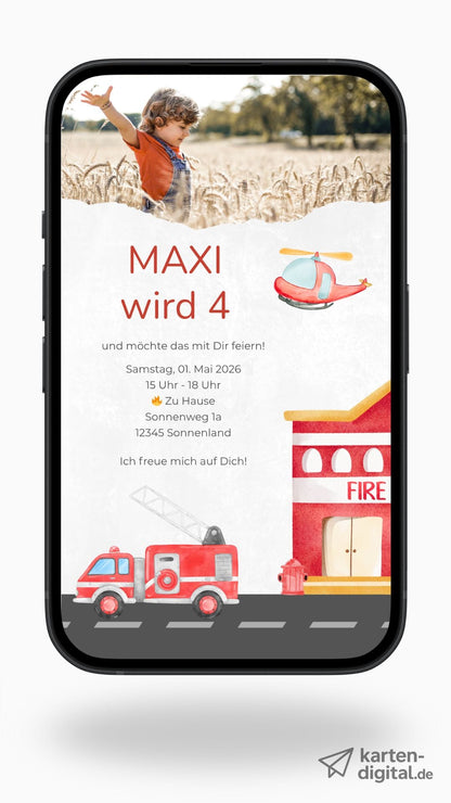 Digitale Geburtstagseinladung für Kinder – Feuerwehr - Design mit Foto & roten Fahrzeugen - karten - digital