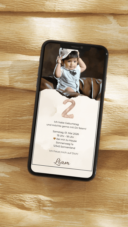 Digitale Geburtstagseinladung für Kinder – natürliches Design in Beige mit Foto - karten - digital