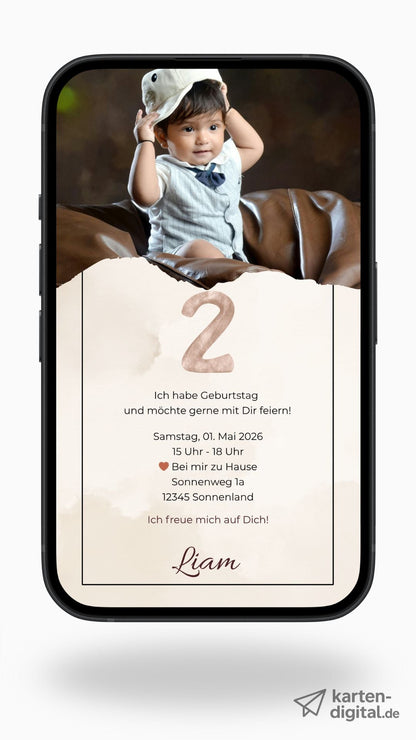 Digitale Geburtstagseinladung für Kinder – natürliches Design in Beige mit Foto - karten - digital
