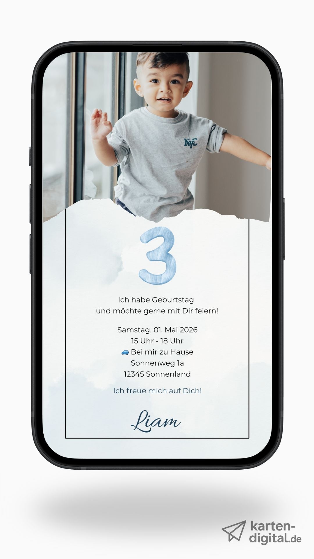 Digitale Geburtstagseinladung für Kinder – schlichtes Design in Blau mit Foto - karten - digital