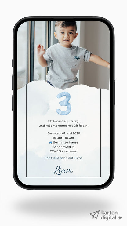 Digitale Geburtstagseinladung für Kinder – schlichtes Design in Blau mit Foto - karten - digital