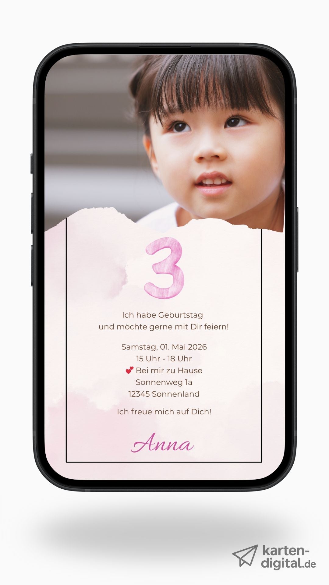 Digitale Geburtstagseinladung für Kinder – schlichtes Design in Rosa mit Foto - karten - digital