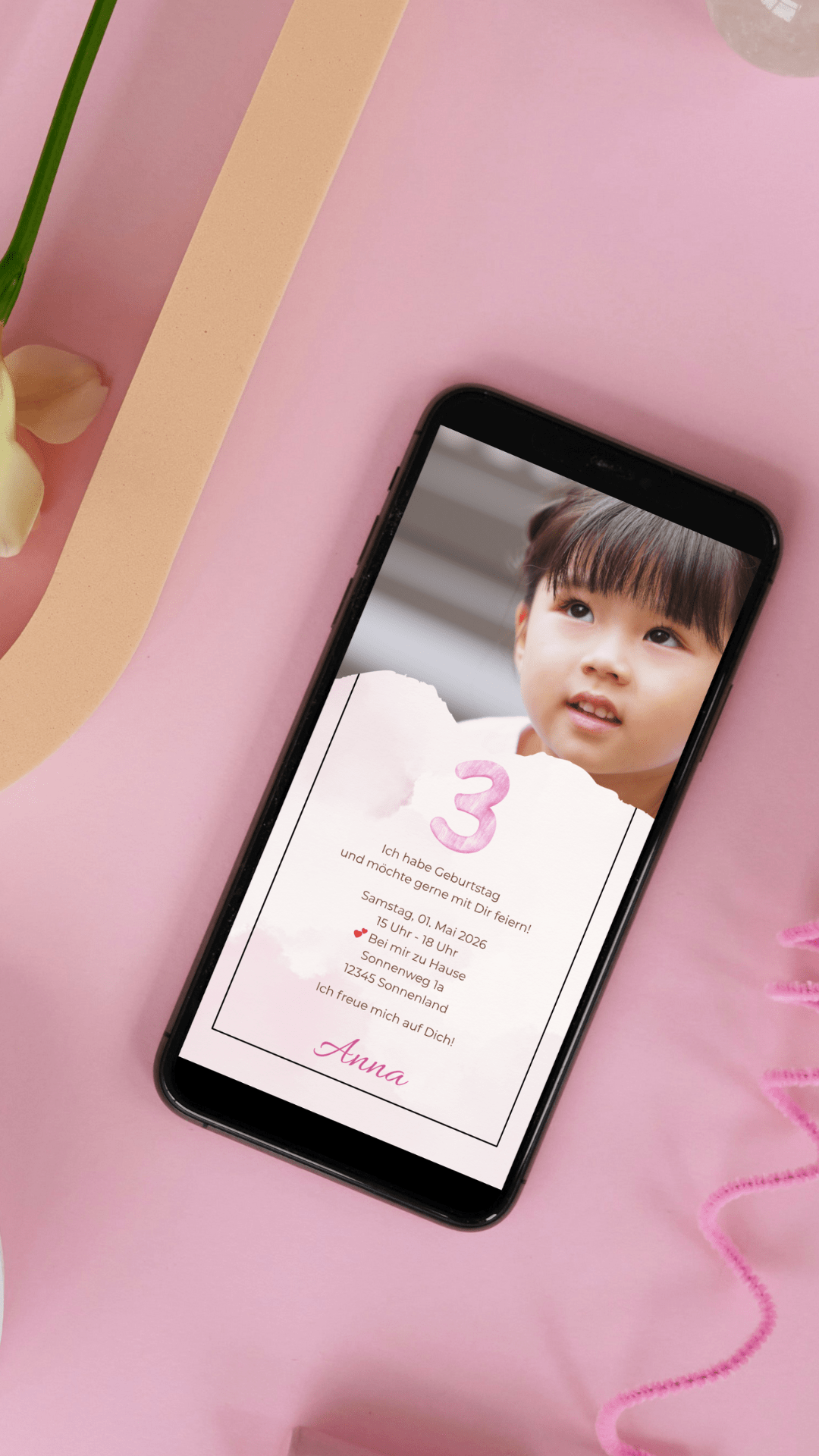 Digitale Geburtstagseinladung für Kinder – schlichtes Design in Rosa mit Foto - karten - digital