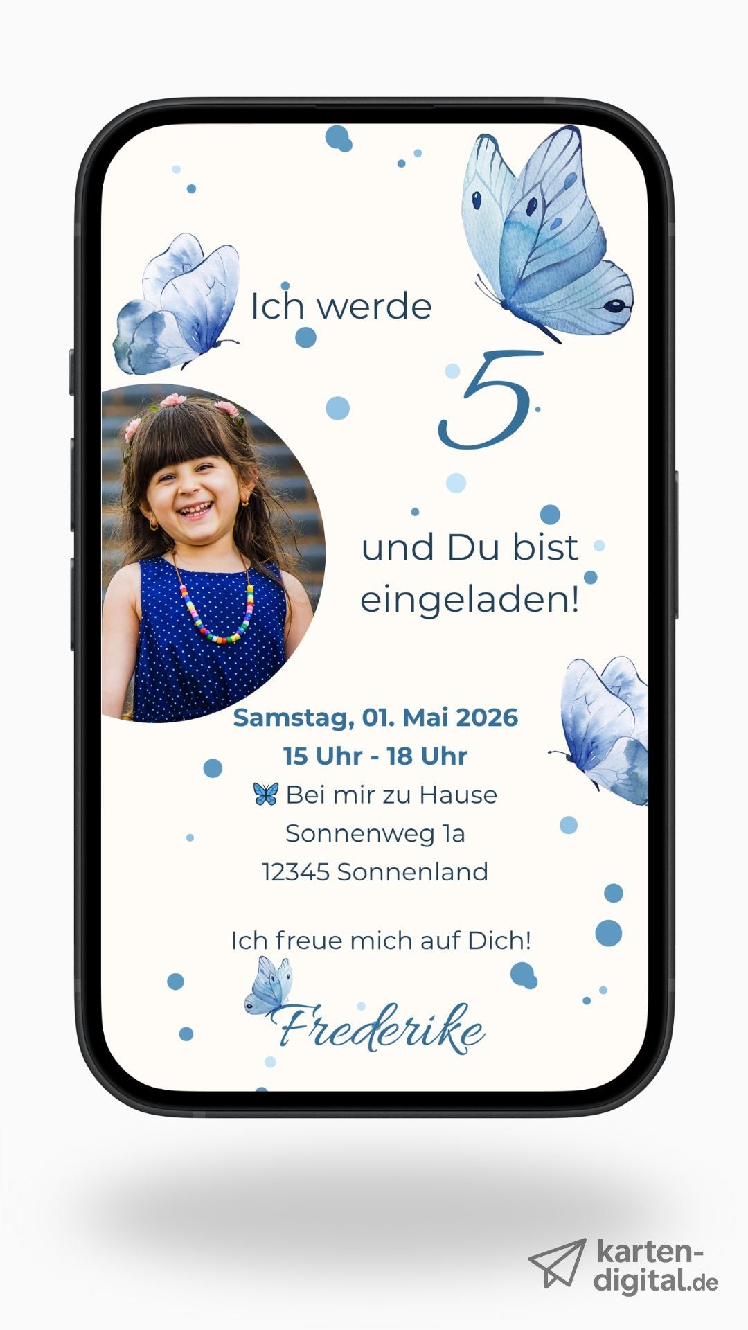 Digitale Geburtstagseinladung für Kinder – Schmetterlingskarte in Blau mit Foto - karten - digital
