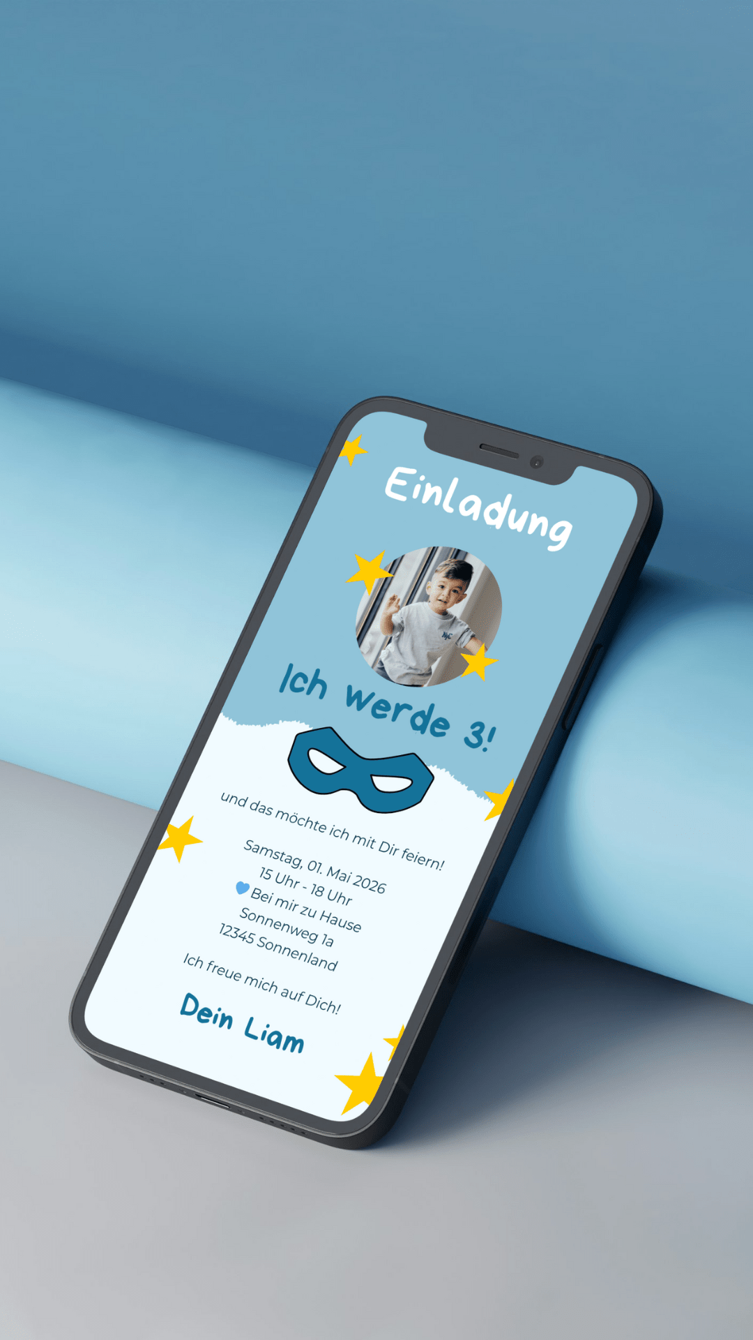 Digitale Geburtstagseinladung für Kinder – Superhelden - Design in Blau mit Foto - karten - digital
