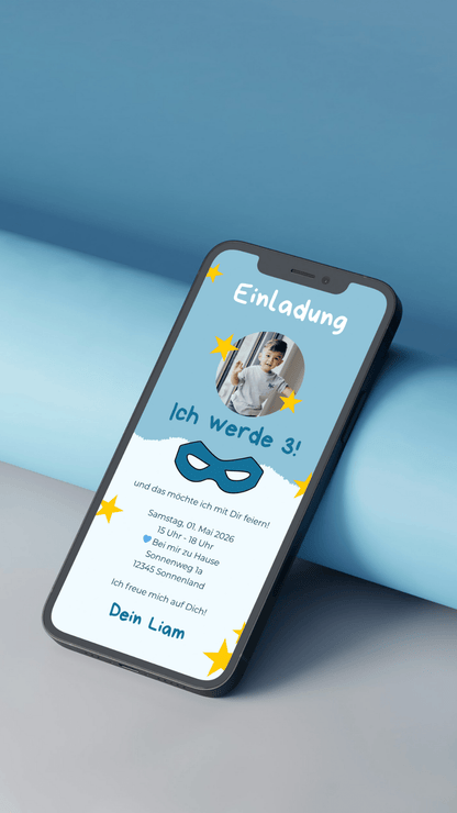 Digitale Geburtstagseinladung für Kinder – Superhelden - Design in Blau mit Foto - karten - digital