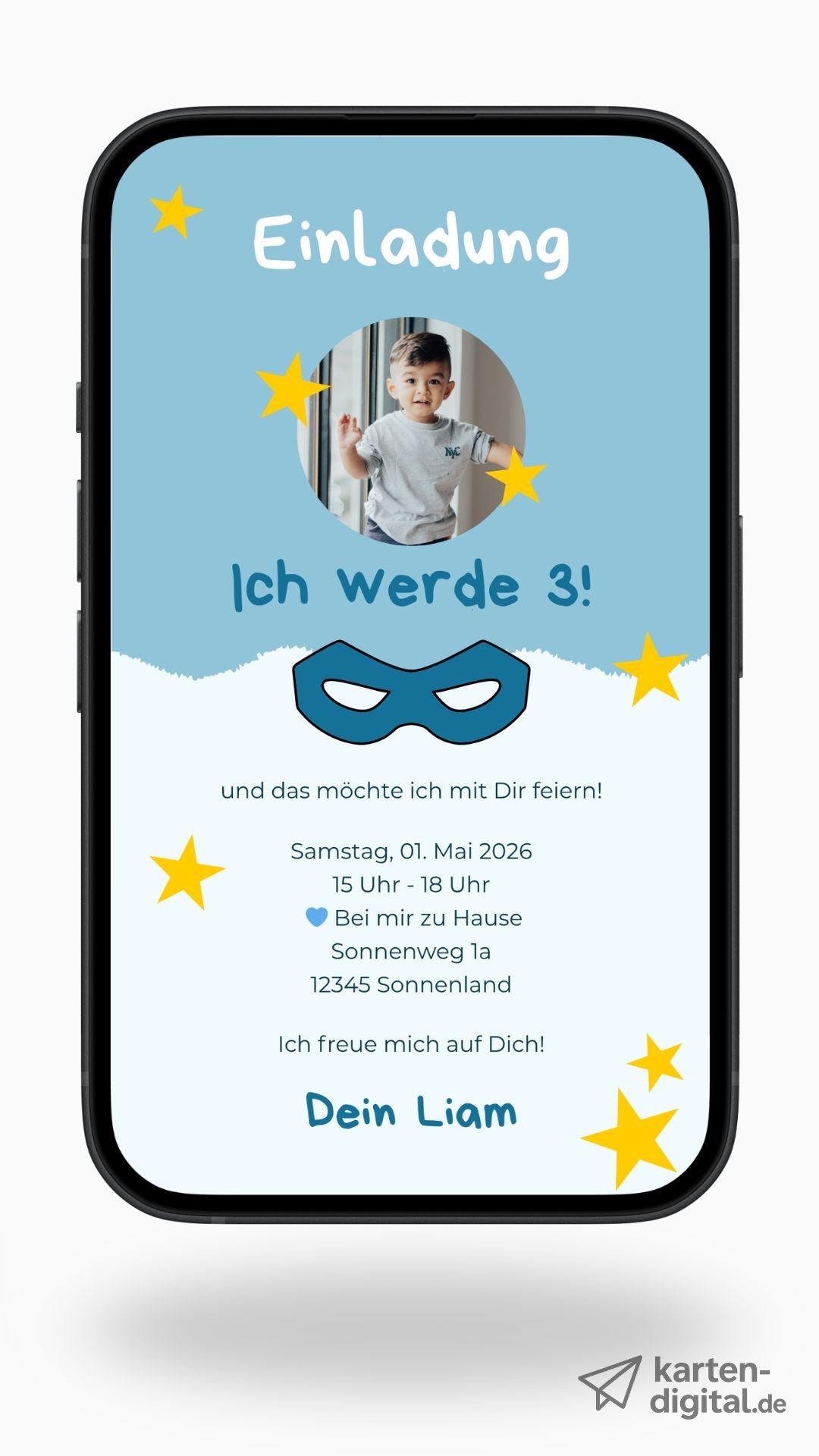 Digitale Geburtstagseinladung für Kinder – Superhelden - Design in Blau mit Foto - karten - digital