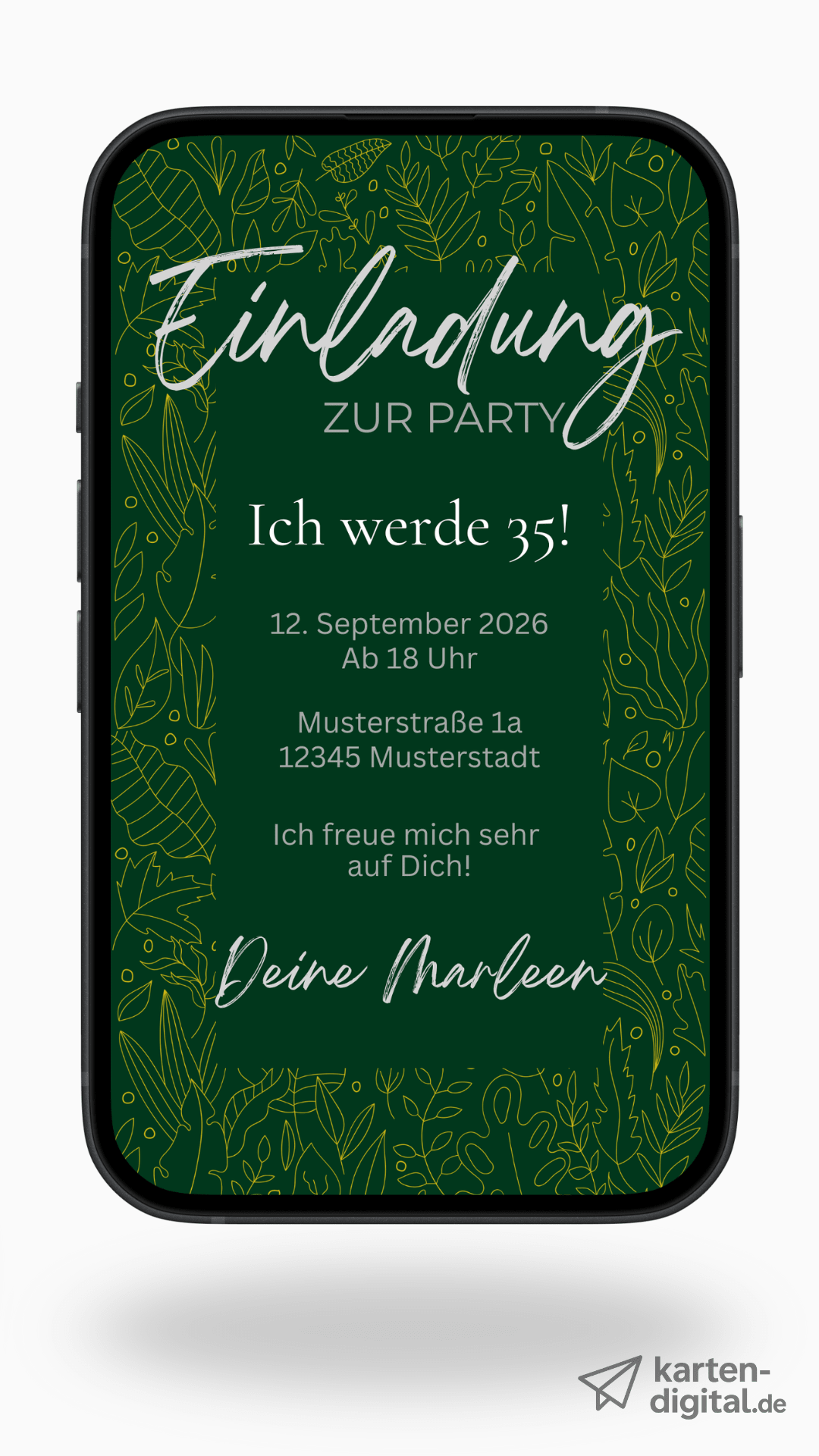 Digitale Geburtstagseinladung in Dunkelgrün mit Naturmotiv – stilvoll & elegant - karten - digital