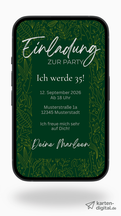 Digitale Geburtstagseinladung in Dunkelgrün mit Naturmotiv – stilvoll & elegant - karten - digital
