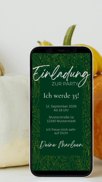 Digitale Geburtstagseinladung in Dunkelgrün mit Naturmotiv – stilvoll & elegant - karten - digital