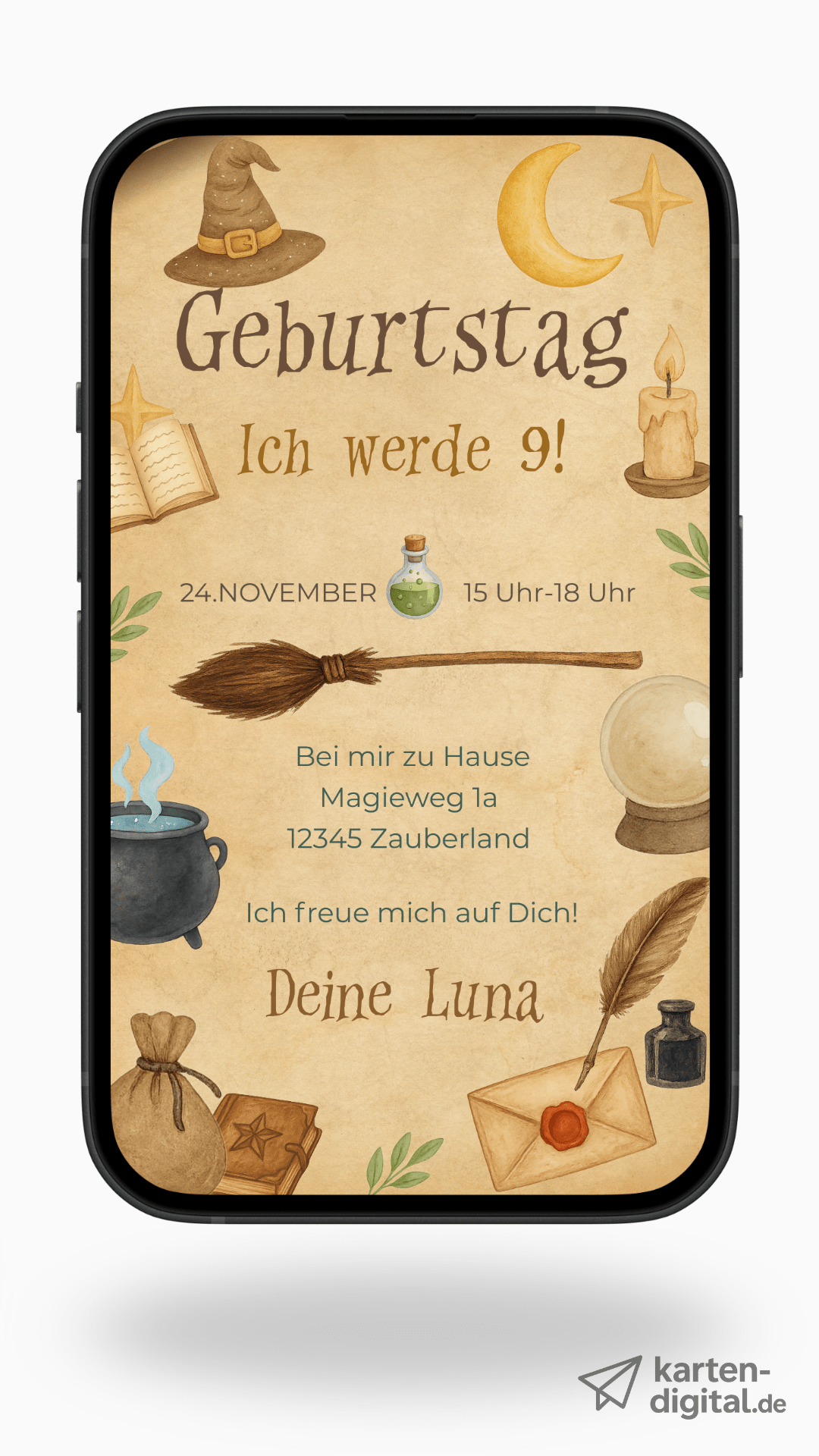 Digitale Geburtstagseinladung – Magischer Zauberstil mit Hexenhut & Zaubertrank - karten - digital