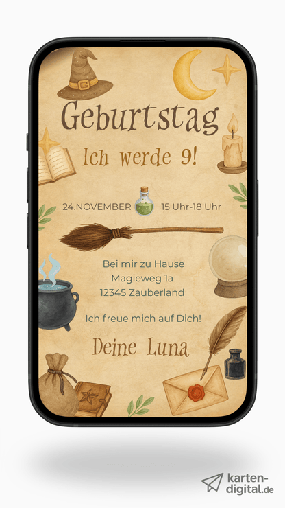 Digitale Geburtstagseinladung – Magischer Zauberstil mit Hexenhut & Zaubertrank - karten - digital