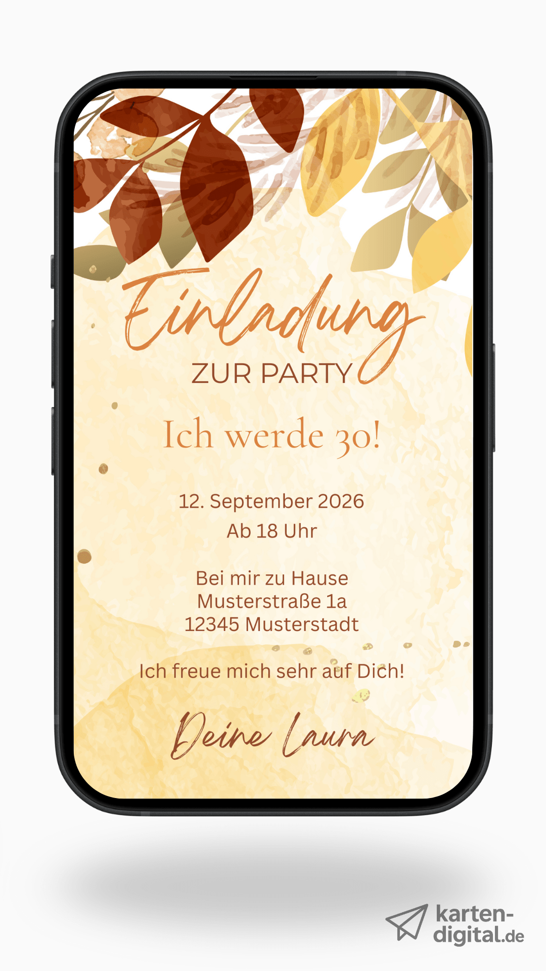 Digitale Geburtstagseinladung mit goldbraunen Herbstblättern – stilvoll & warm - karten - digital