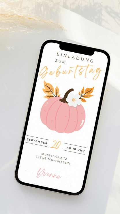 Digitale Geburtstagseinladung mit Kürbis – herbstlich, charmant & stilvoll - karten - digital