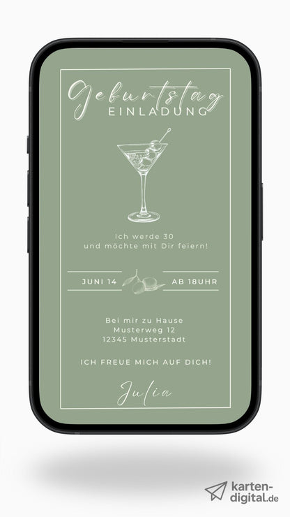 Digitale Geburtstagseinladung – modernes Design mit Olive & Martini - Glas zum Anpassen - karten - digital
