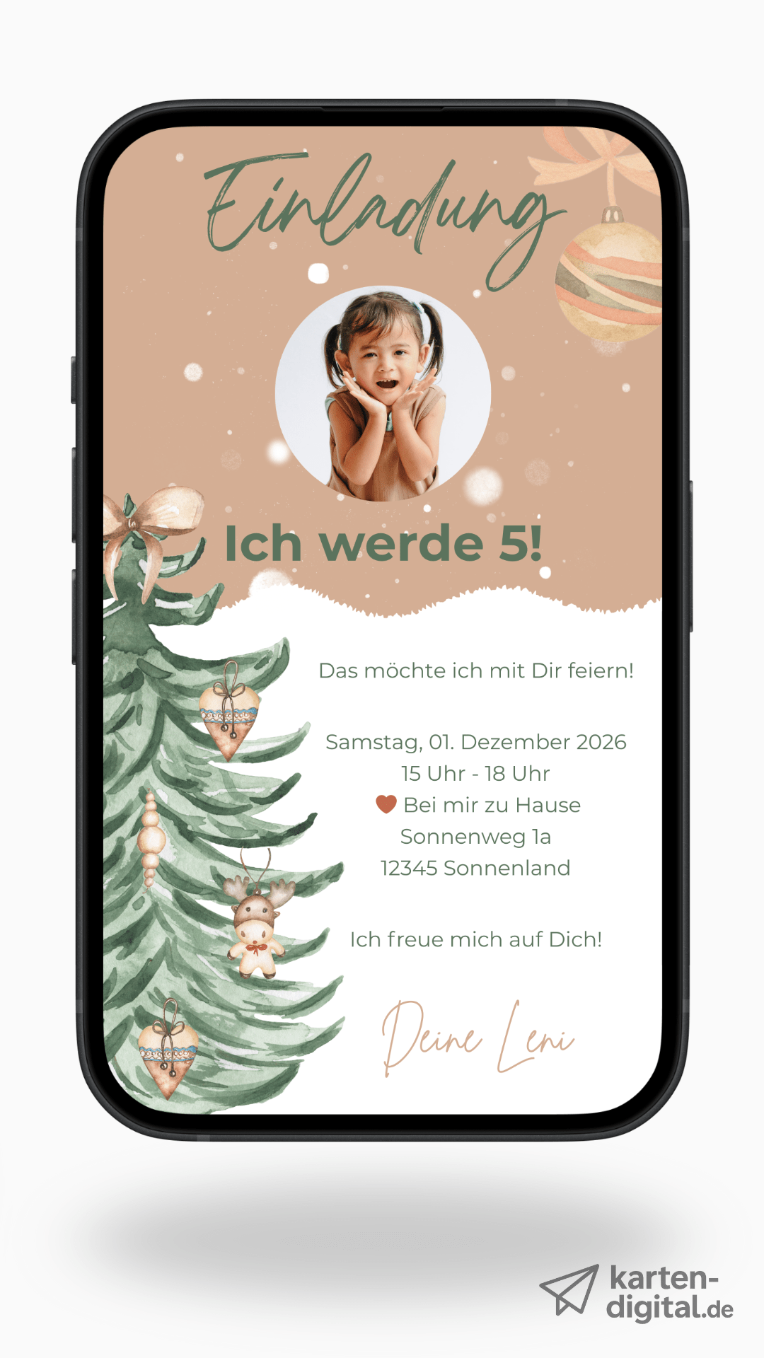 Digitale Geburtstagseinladung – Winterliches Design mit Tannenbaum & Herz - karten - digital