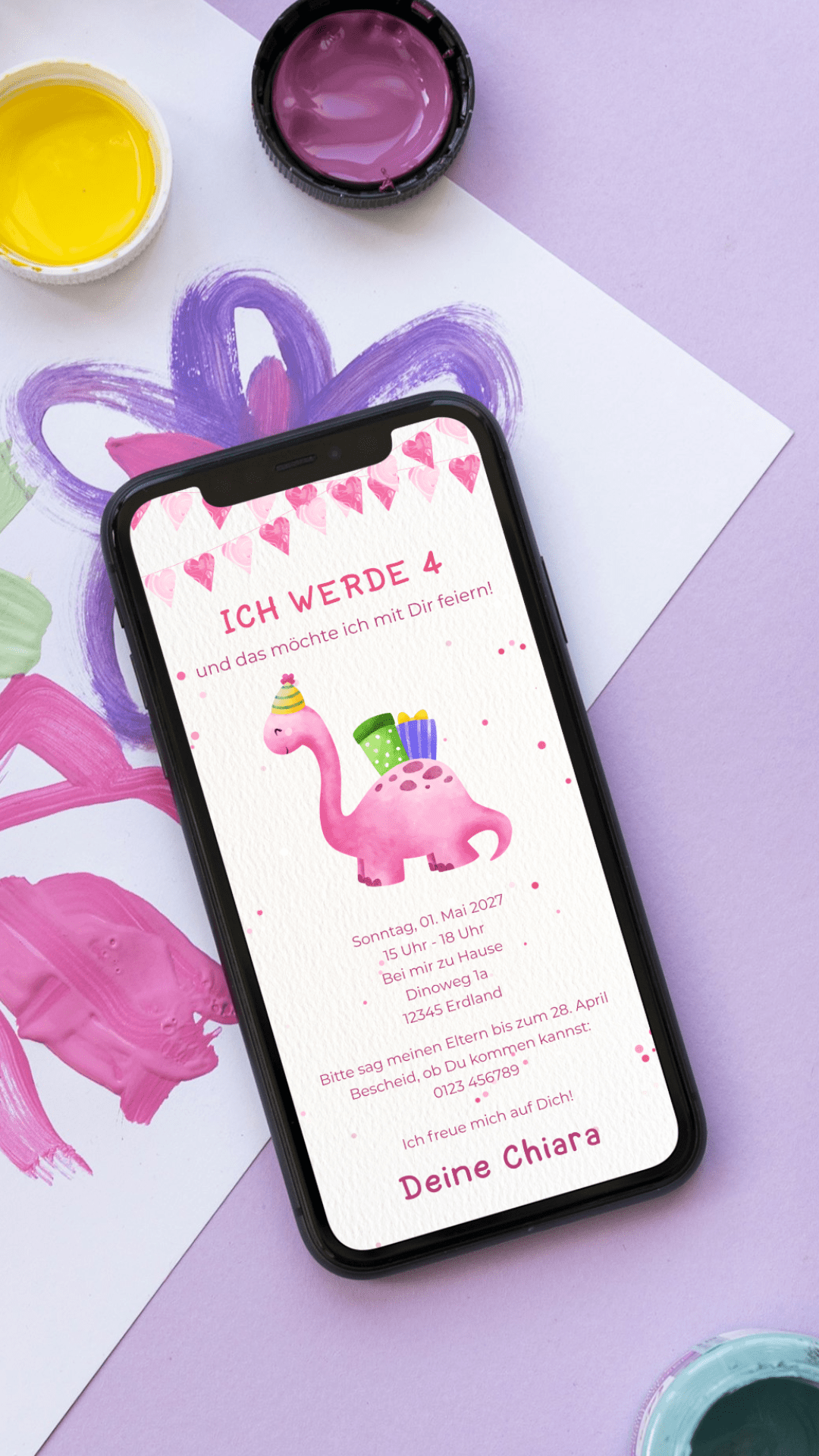 Digitale Kindergeburtstag Einladung – Dino & Herzgirlande - karten - digital