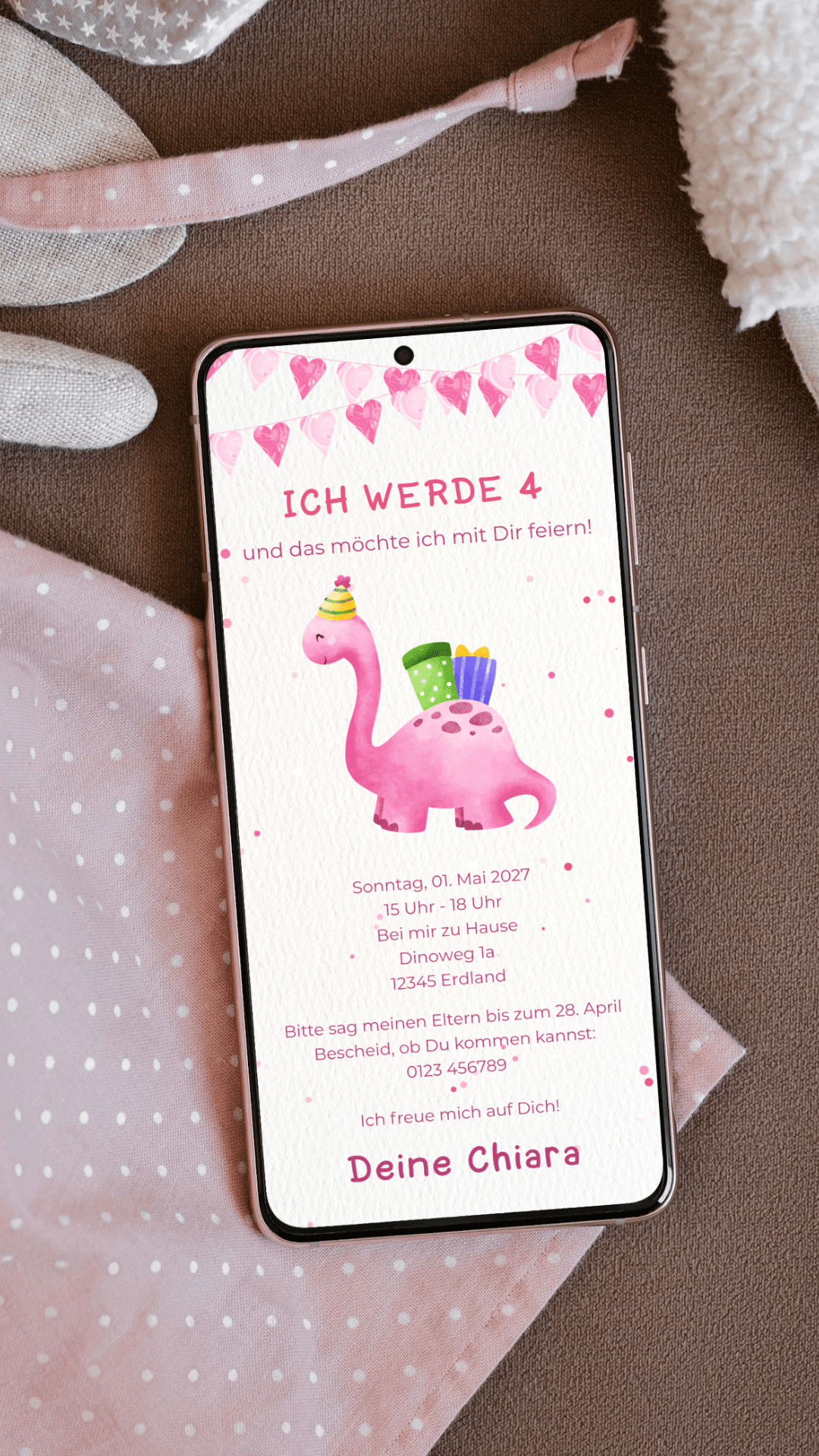 Digitale Kindergeburtstag Einladung – Dino & Herzgirlande - karten - digital