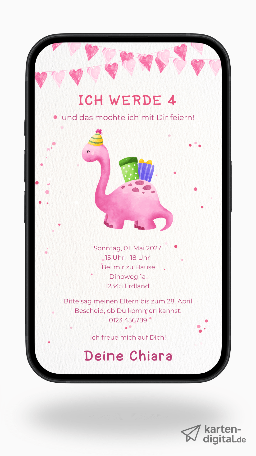 Digitale Kindergeburtstag Einladung – Dino & Herzgirlande - karten - digital