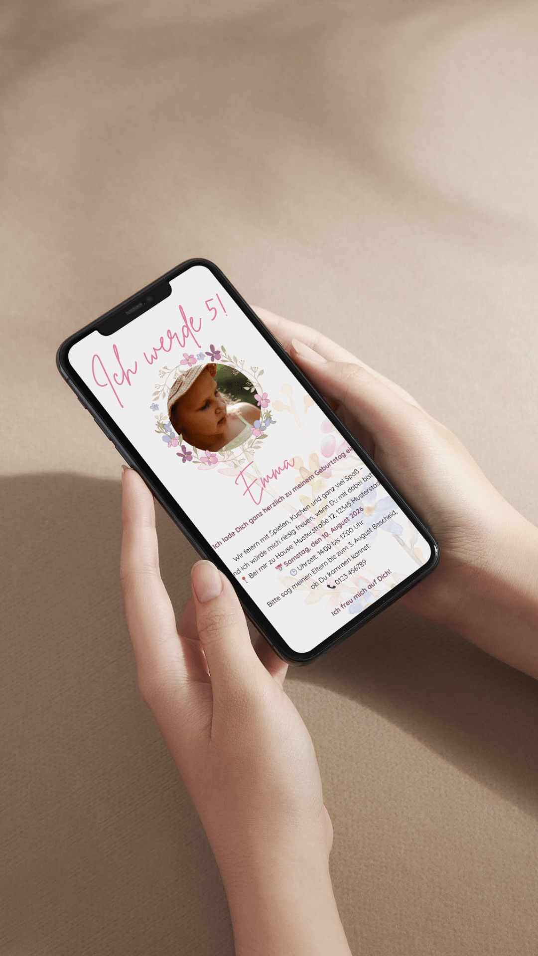 Digitale Kindergeburtstagseinladung – Blumendesign in Pastell mit Foto - karten - digital