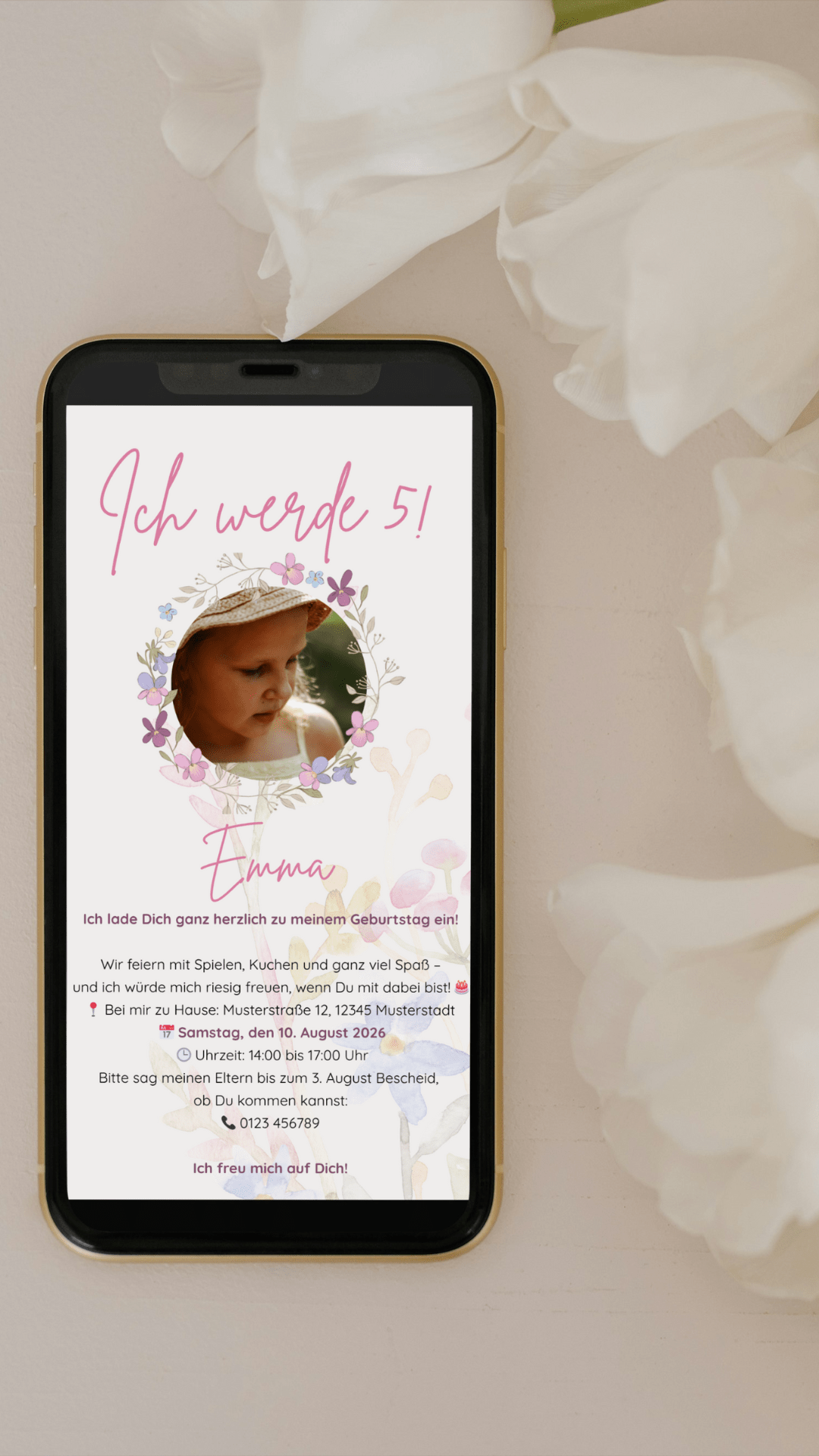Digitale Kindergeburtstagseinladung – Blumendesign in Pastell mit Foto - karten - digital
