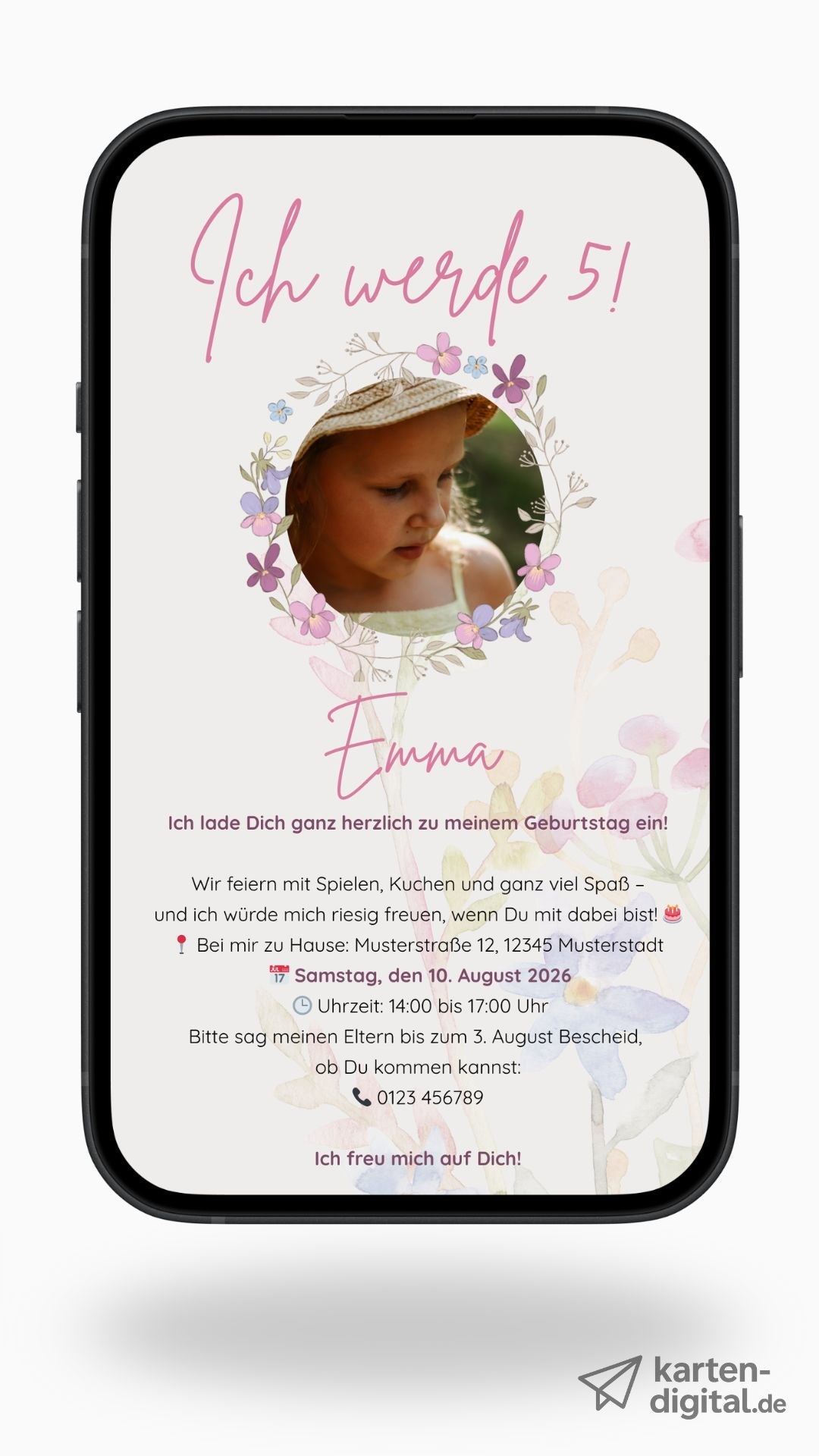 Digitale Kindergeburtstagseinladung – Blumendesign in Pastell mit Foto - karten - digital
