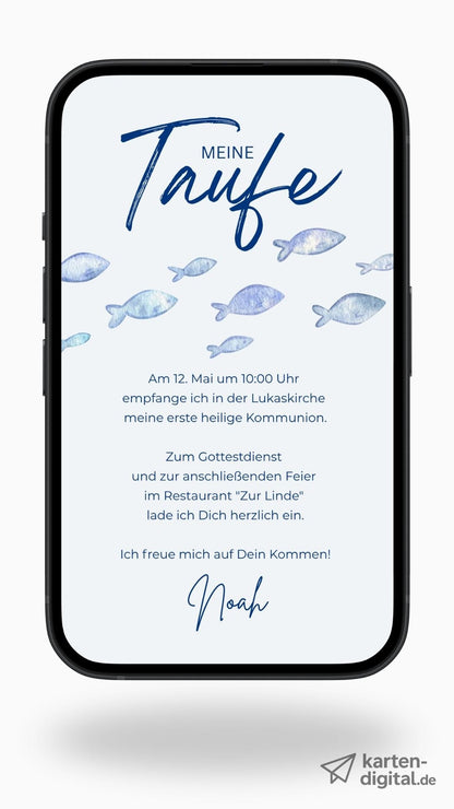 Digitale Kommunionseinladung – Blaue Fische - karten - digital