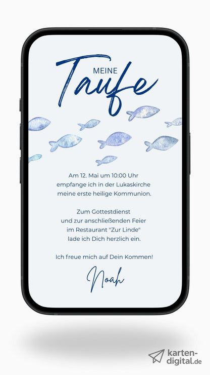 Digitale Kommunionseinladung mit blauen Fischen.