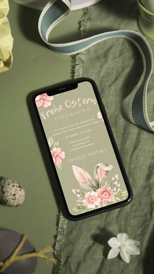 Digitale Ostereinladung – Frühlingsblüten & Hasenohren - karten - digital