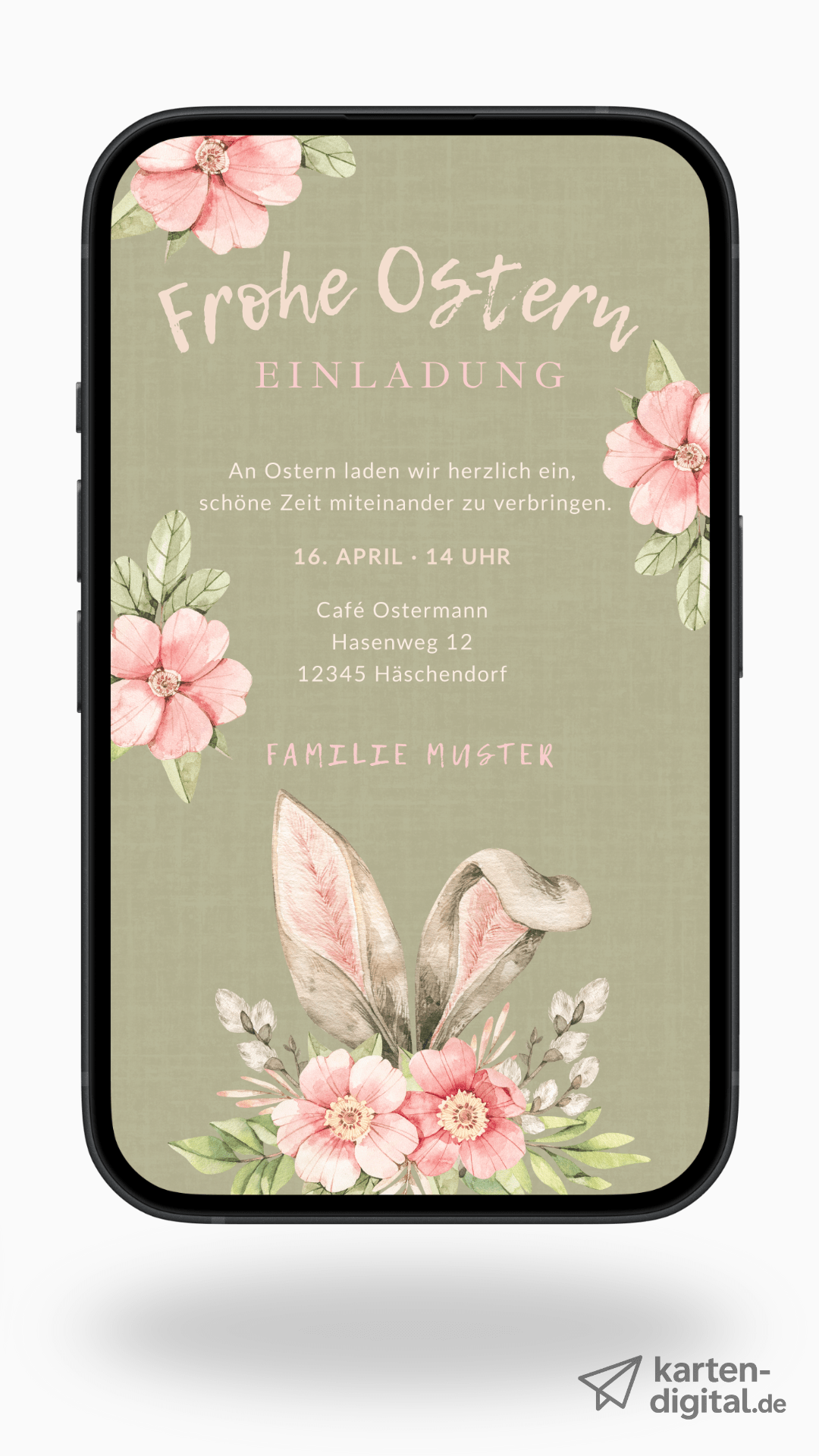 Digitale Ostereinladung – Frühlingsblüten & Hasenohren - karten - digital