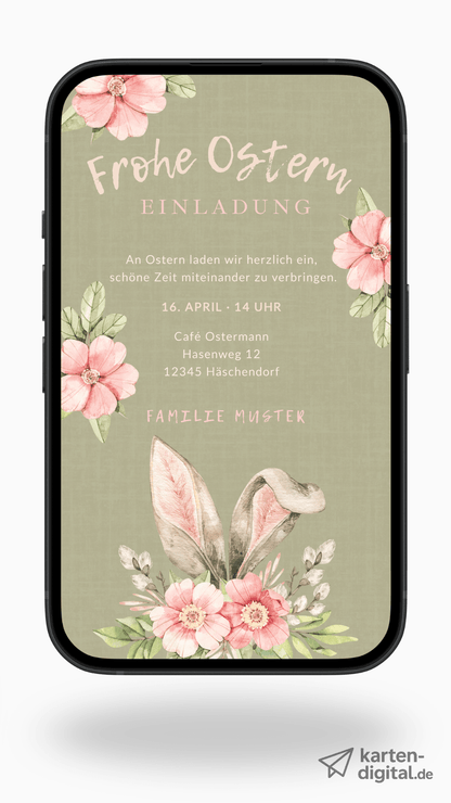 Digitale Ostereinladung – Frühlingsblüten & Hasenohren - karten - digital