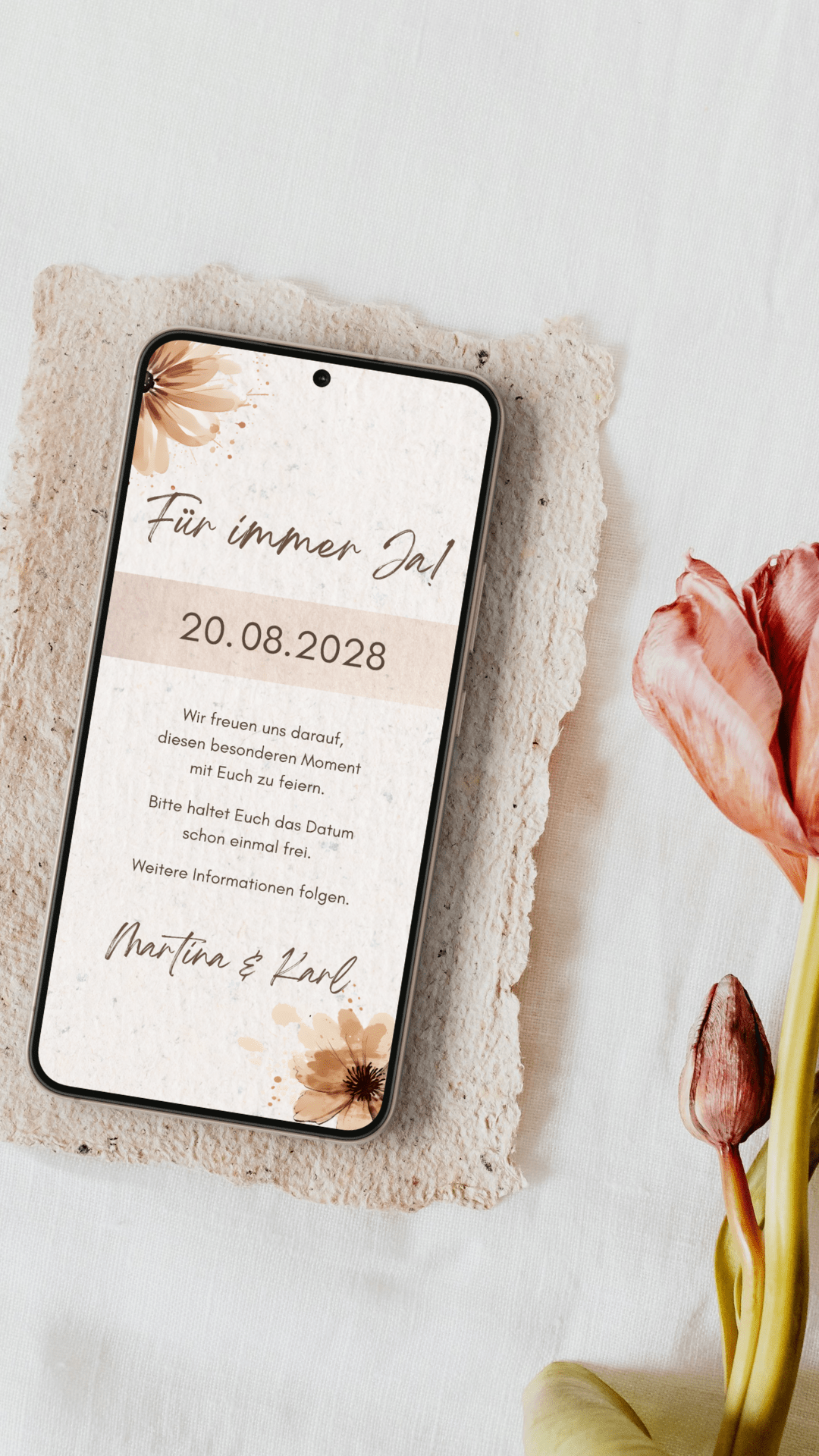 Digitale Save - the - Date Karte – Beige & Florale Akzente - karten - digital