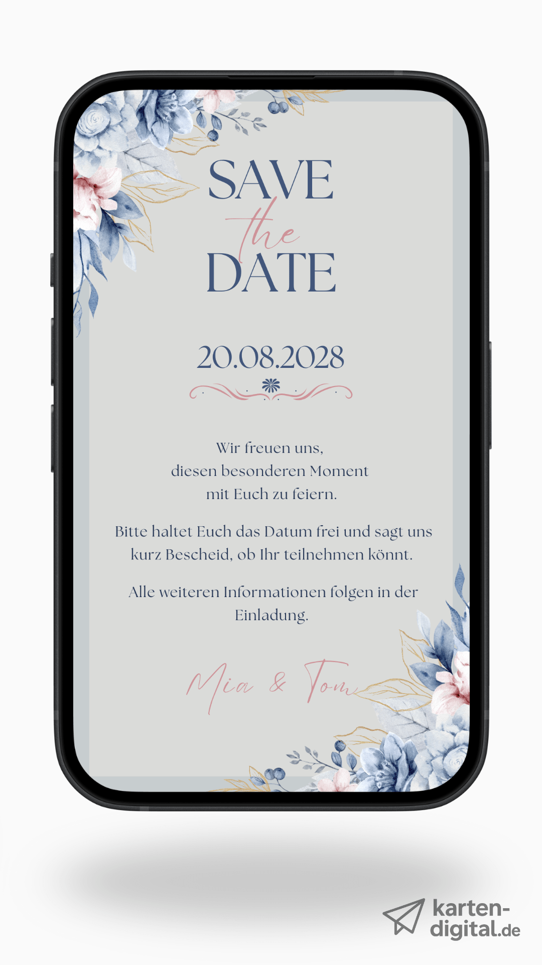 Digitale Save - the - Date Karte – Blau & Florales Aquarell - karten - digital